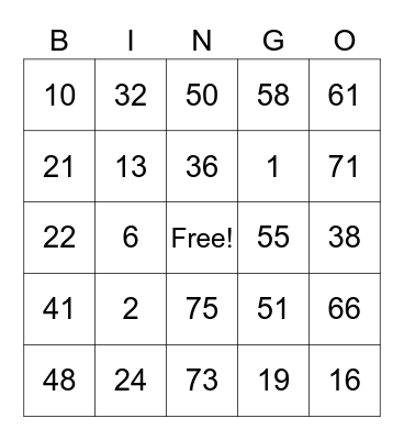 Number Bingo 1-75 Bingo Card