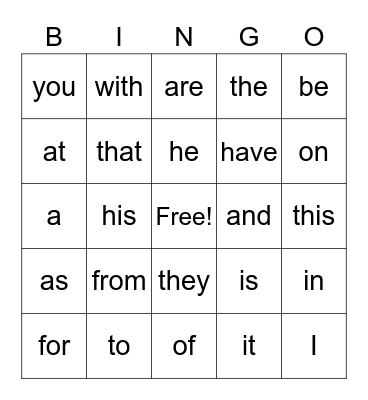 Sight Words Bingo Card