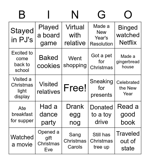 What did you do on Christmas Break? Bingo Card