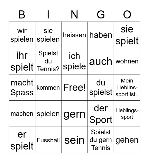 Spiel und Sport (and some verbs) Bingo Card