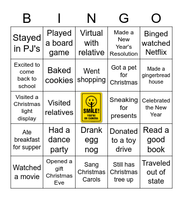 What did you do on Christmas Break? Bingo Card
