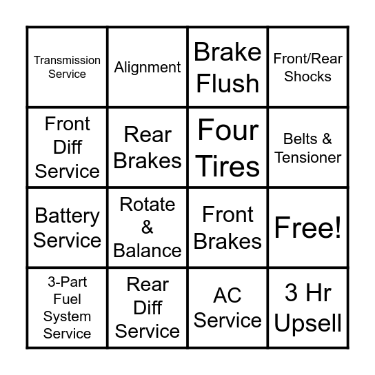 Automotive Bingo Card