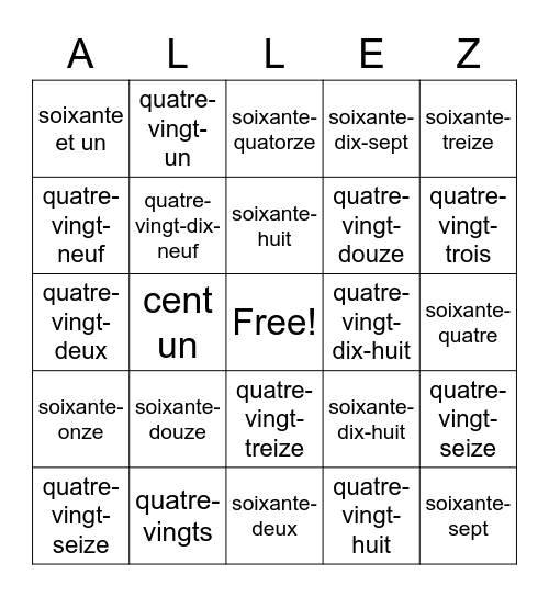 French I les nombres 60-100 Bingo Card