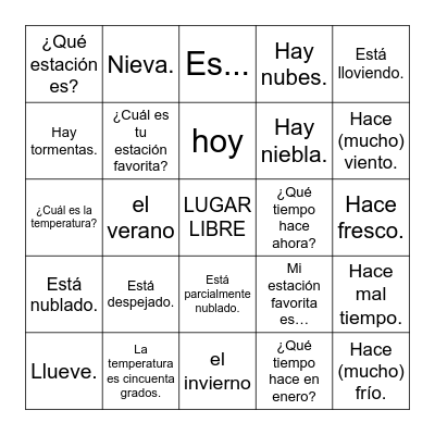 1.8 Lotería:  ¿Qué tiempo hace? Bingo Card