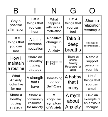 ANXIETY BINGO Card