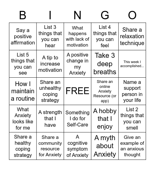 ANXIETY BINGO Card