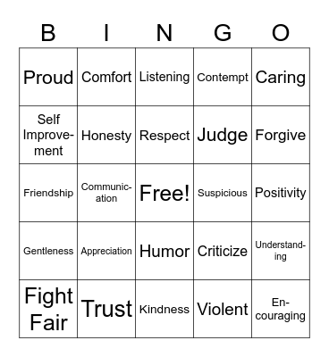 Relationship Bingo Card