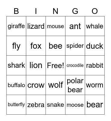 ANIMALS Bingo Card