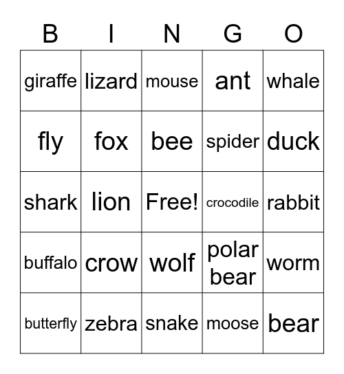 ANIMALS Bingo Card