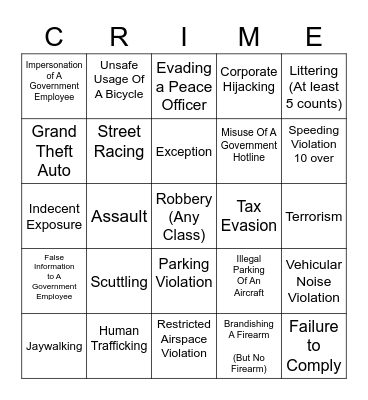 Crime Bingo Card