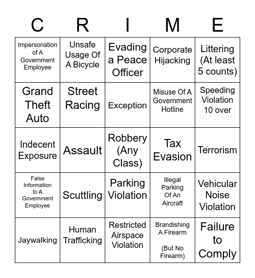 Crime Bingo Card