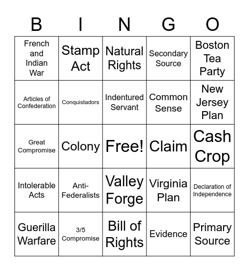 U.S. History Midterm Bingo Card