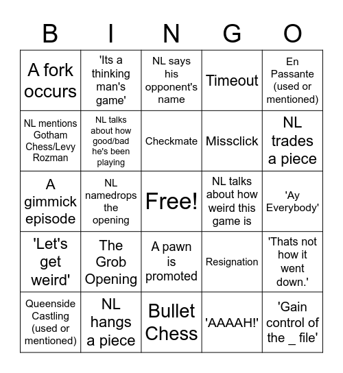Northernlion Chess Videos Bingo Card
