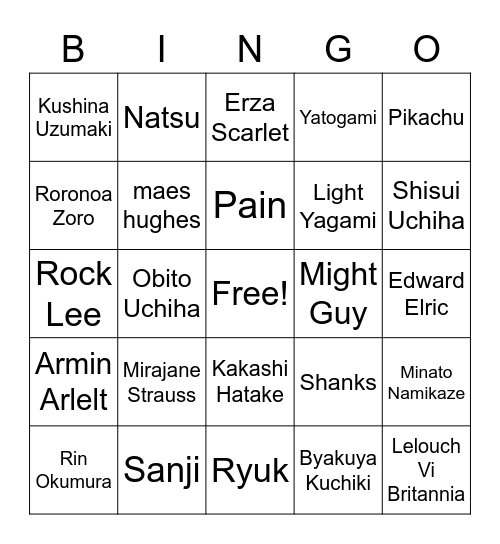 Anime Bingo Card