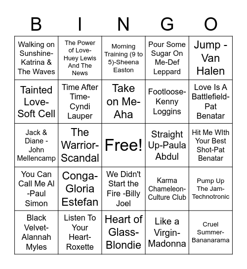 80's Mix Bingo Card