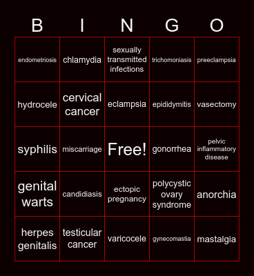 Male/Female Diseases/Conditions Bingo Card