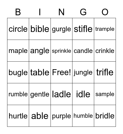 Consonant-le Syllable Bingo Card