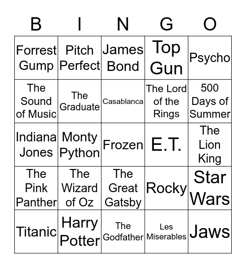 New Years Eve 2014 Famous Films Bingo Card