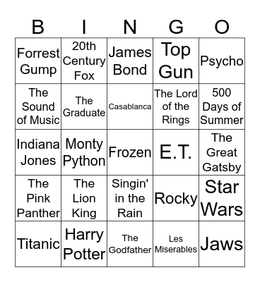 New Years Eve 2014 Famous Films Bingo Card