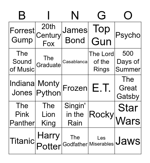 New Years Eve 2014 Famous Films Bingo Card