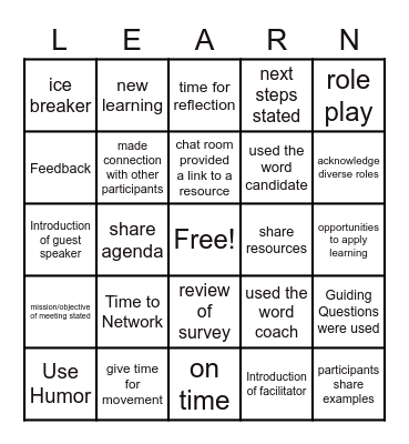 Providing Professional Learning Bingo Card