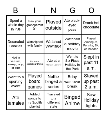 Winter Break BINGO Card
