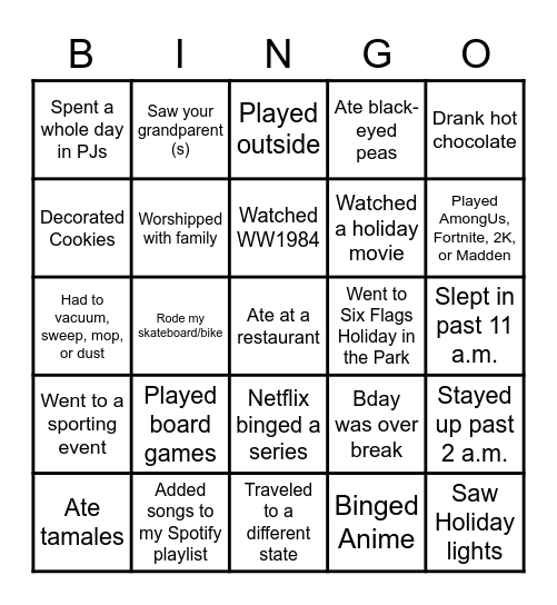 Winter Break BINGO Card