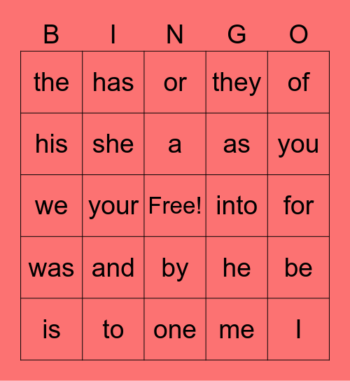 Sight Word Bingo Card