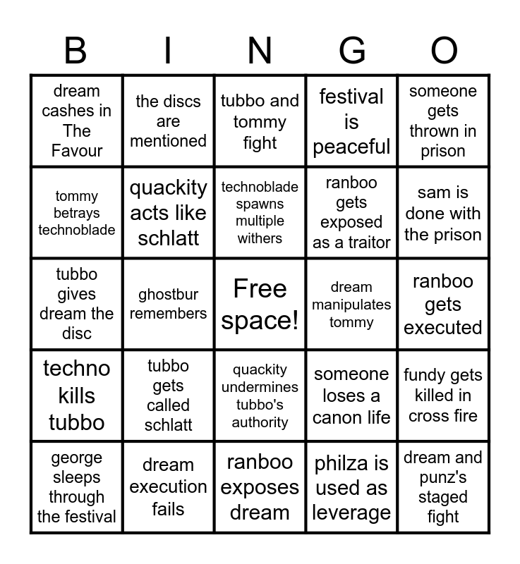 Technoblade stream Bingo Card