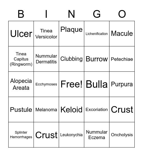 Primary and Secondary Lesion Bingo Card