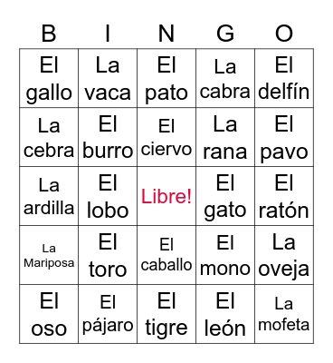 Los Animales Bingo Card