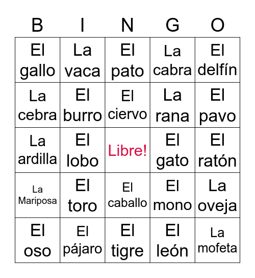 Los Animales Bingo Card