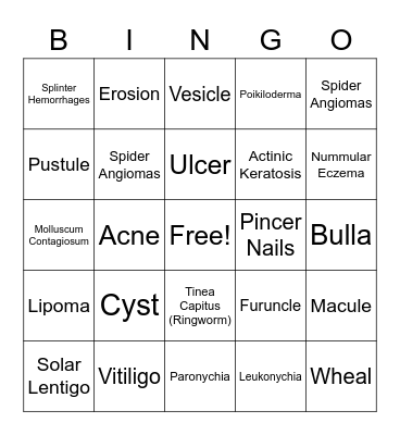 Primary and Secondary Skin Lesion Bingo Card