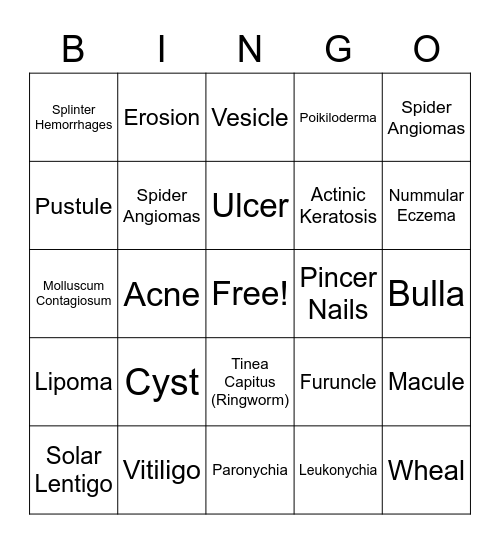 Primary and Secondary Skin Lesion Bingo Card