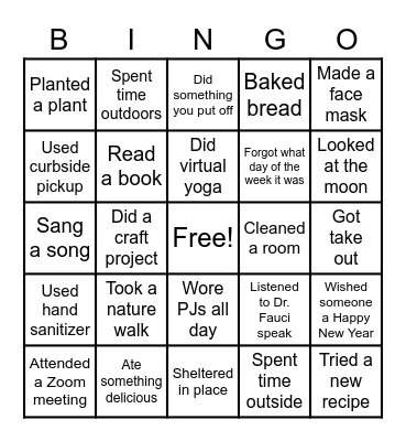Self Care Covid-19 Bingo Card