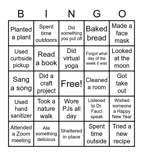 Self Care Covid-19 Bingo Card