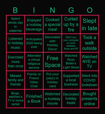 2020/2021 Holiday Edition Bingo Card