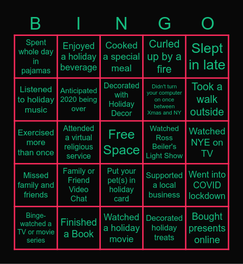 2020/2021 Holiday Edition Bingo Card