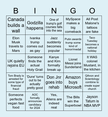 Cormac's 2021 bingo card Bingo Card