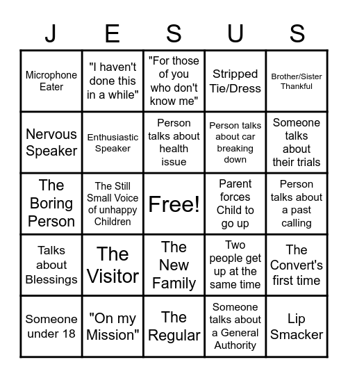 Testimony Meeting Bingo Card