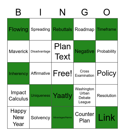 CHF Debate Team New Year Bingo Card