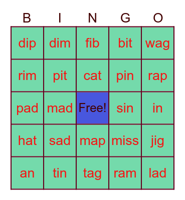 Short I - Short a Bingo Card