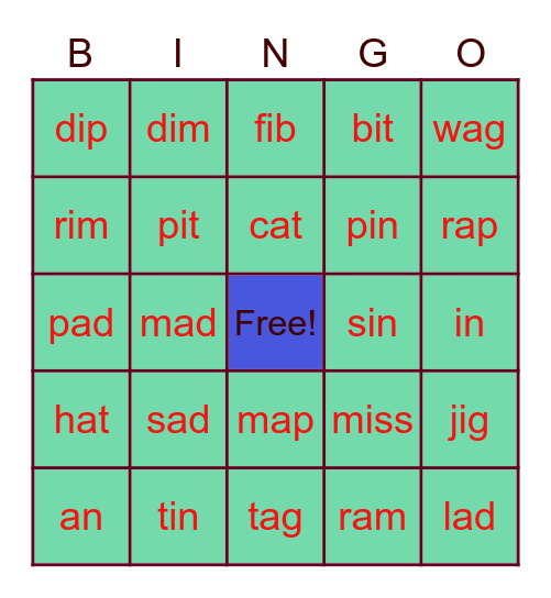 Short I - Short a Bingo Card