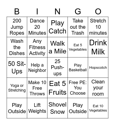Physical Education Bingo 20 minutes each day/box Bingo Card