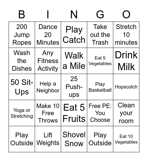 Physical Education Bingo 20 minutes each day/box Bingo Card