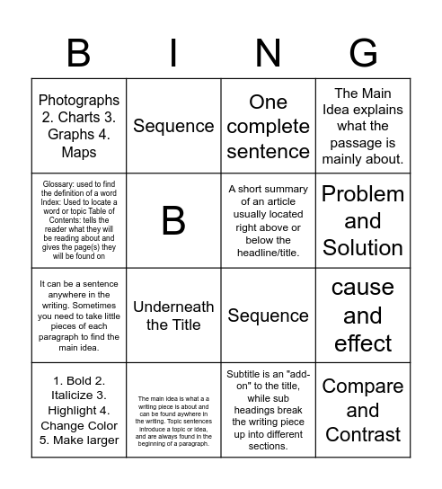 Text Features, Structure and Main Idea Bingo Card