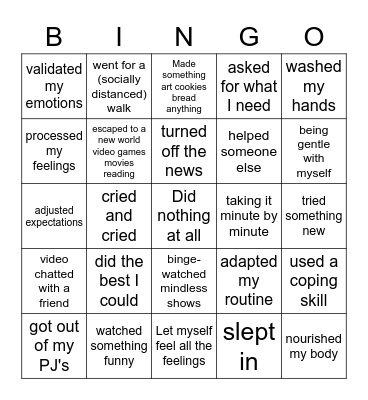 Pandemic Self Care Bingo Card