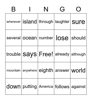 Eliyashu Sight Word Bingo Card