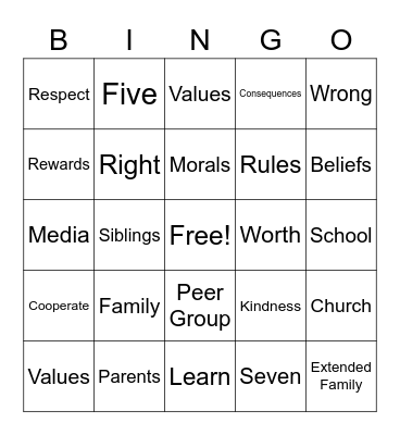 Developing Family Morals and Values Bingo Card