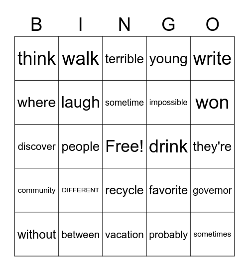 VOCABULARY AND SIGHT wORDS Bingo Card